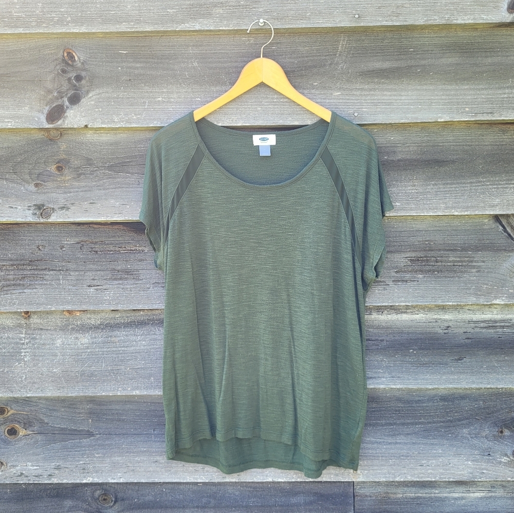 Old Navy relaxed fit tee olive green sheer panel modal oversized casual - M